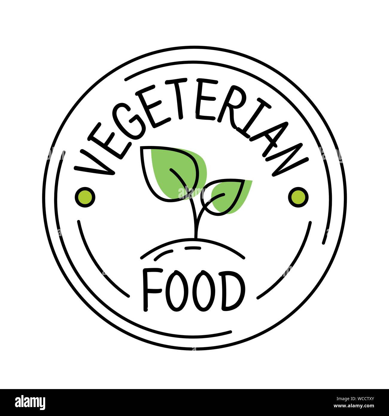 Vegetarisches Essen label line style Logo mit grünem Blatt Aufkleber Vorlage für Produktverpackungen, Vektor Stock Vektor