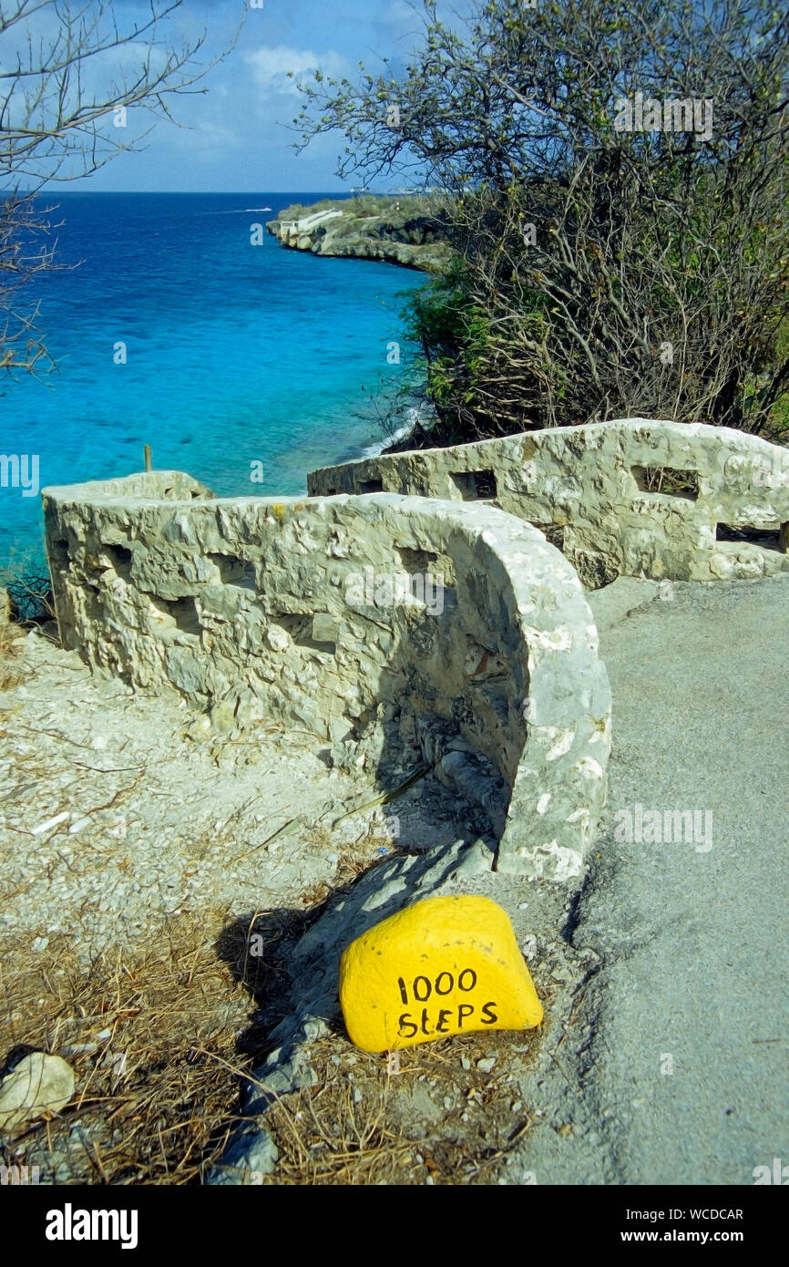 Ein gelber Stein markiert den Tauchplatz "1000 Steps', berühmt für Schnorcheln und Tauchen, Bonaire, Niederländische Antillen Stockfoto