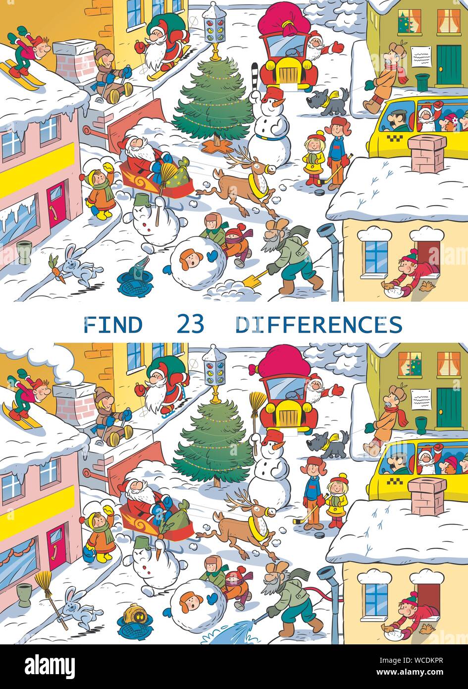 Vektor Puzzle mit einer Stadtstraße vor Weihnachten. In der Abbildung, müssen Sie 23 Unterschiede in den Bildern mit den Zeichen auf Neue Ja finden Stock Vektor