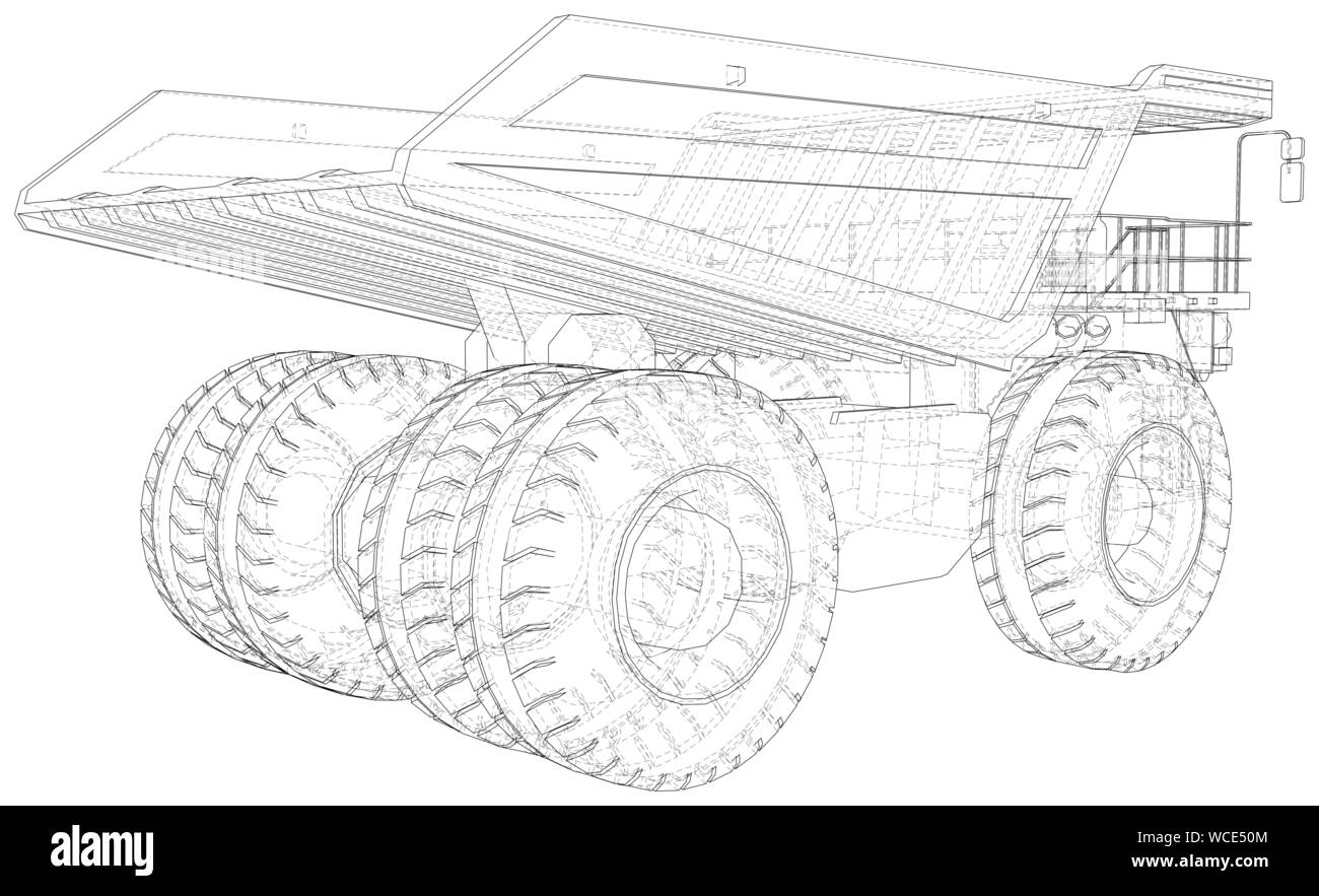 Dump Truck isoliert. Vektor Rendering von 3d. Wire-frame Stil. Die Schichten des sichtbaren und unsichtbaren Linien getrennt sind. Stock Vektor