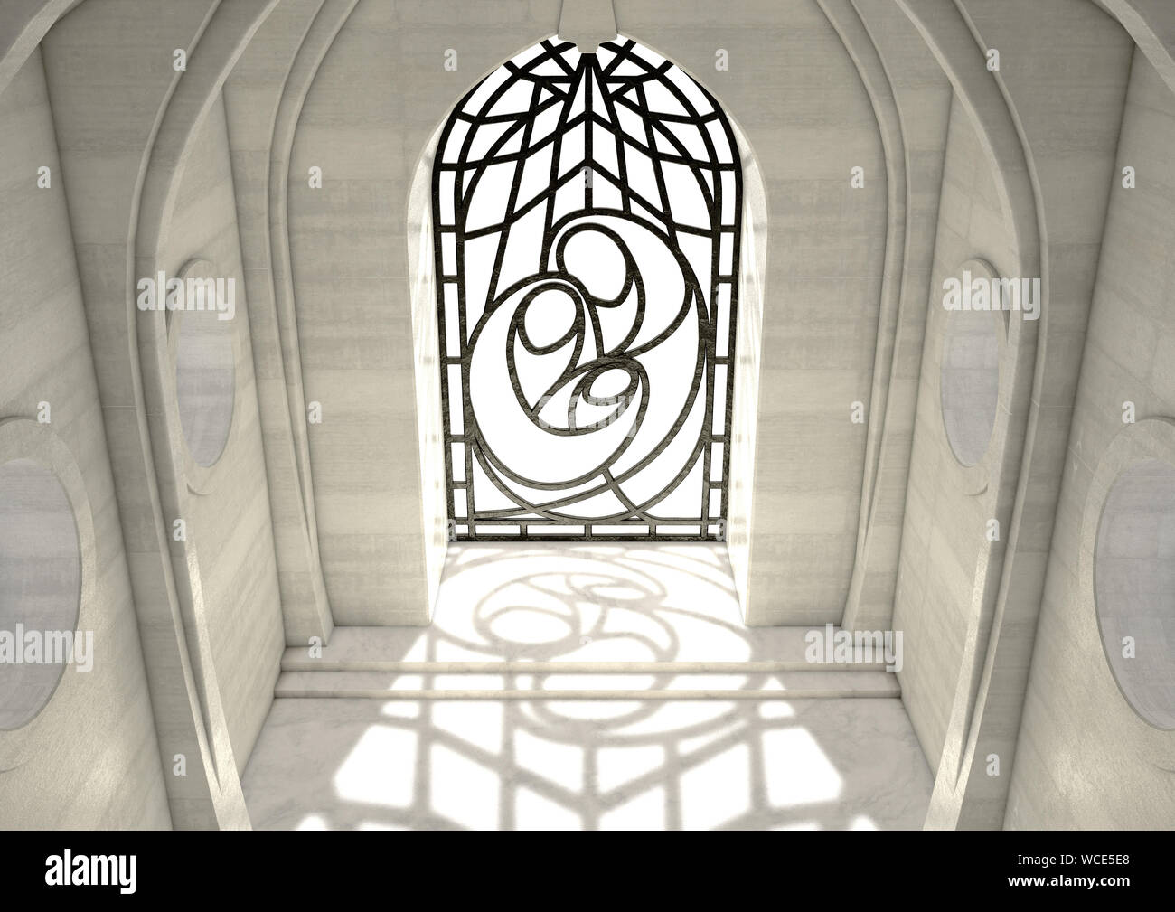 Eine leere Grand steinerne Kirche Innenraum beleuchtet durch Sonnenstrahlen durch eine dekorative Glasfenster mit der Darstellung der Krippe in der Tageszeit - 3D-Rendering Stockfoto