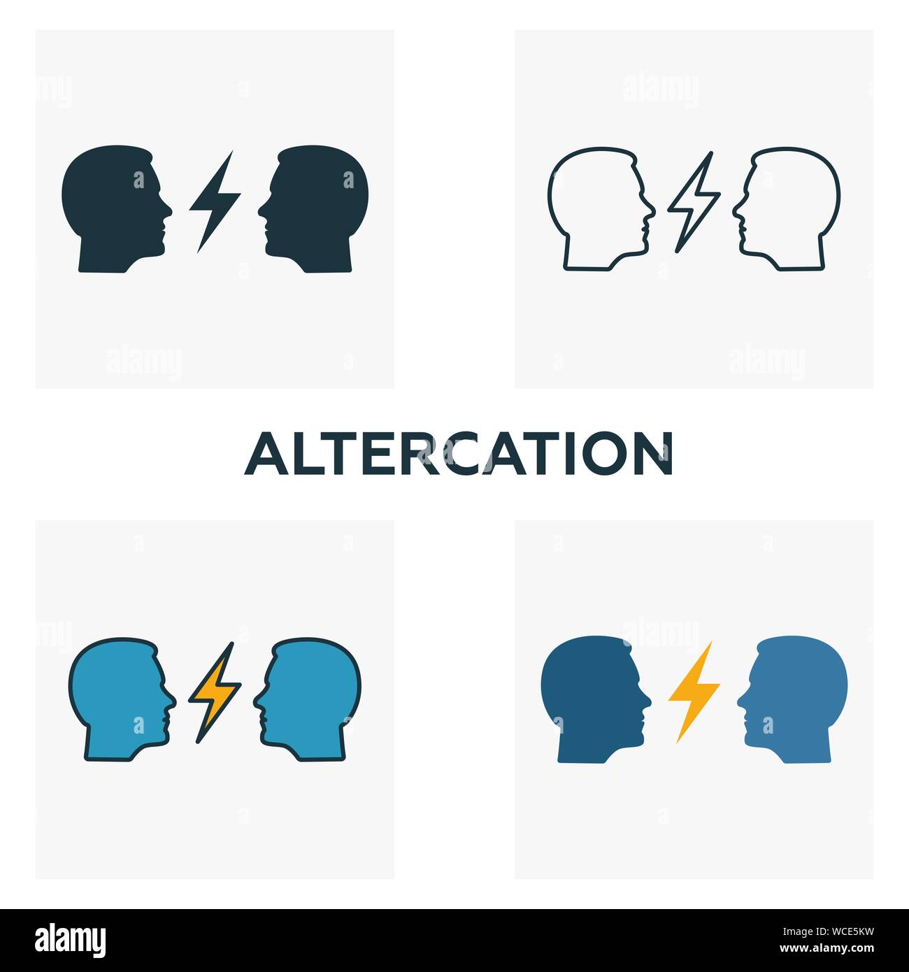 Auseinandersetzung Icon Set. Vier Elemente in verschiedenen Stilrichtungen von Business Ethics icons Collection. Kreative Auseinandersetzung Icons, Outline, farbige und Stock Vektor