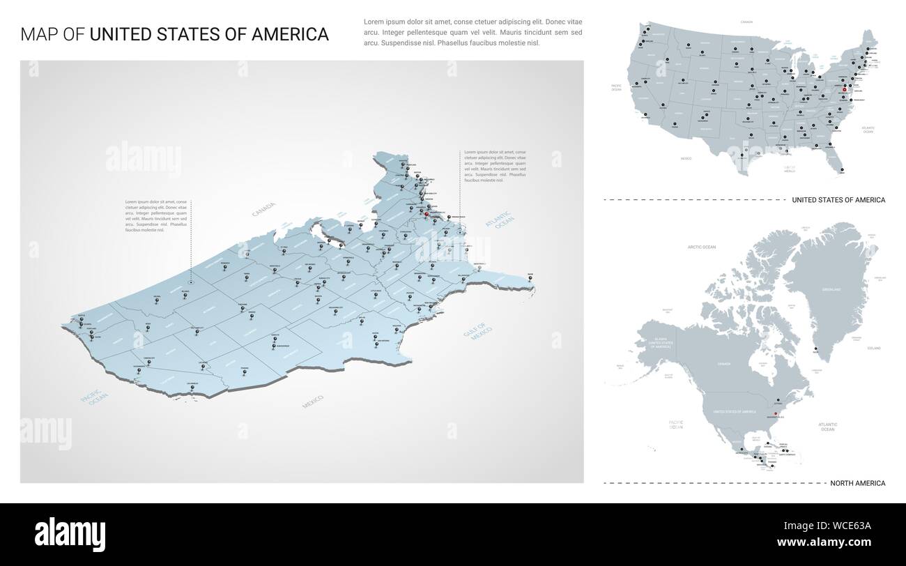 Vektor einrichten der Vereinigten Staaten von Amerika. Isometrische 3d-Karte, Vereinigten Staaten von Amerika, Nordamerika Karte - mit Region, Staat Namen und Ci Stock Vektor