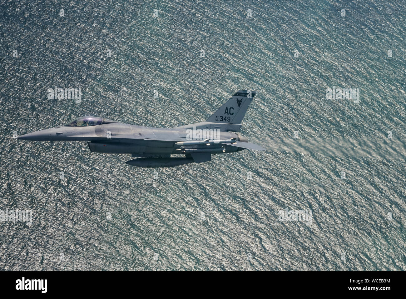 Ein US Air Force F-16C Fighting Falcon aus dem N.J. Der Air National Guard 177th Fighter Wing fliegen an der Küste von südlichem New Jersey, vor der Teilnahme an einer Überführung für die 2019 Atlantic City Airshow", ein Gruß an diejenigen, die dazu dienen, "am 12.08.21., 2019. F-16C und D Modell Fighting Falcon fighter Jets, von der 177th Fighter Wing, und einer KC-135 Stratotanker militärischen Betankung von Flugzeugen, von der 108 Air Wing, durchgeführt einzelnen Durchläufe und eine zusammengesetzte formation Überführung während der Airshow und leitete dann Tanken und Fortbildung über den Atlantischen Ozean. (U.S. Air National Guard Foto von Stockfoto