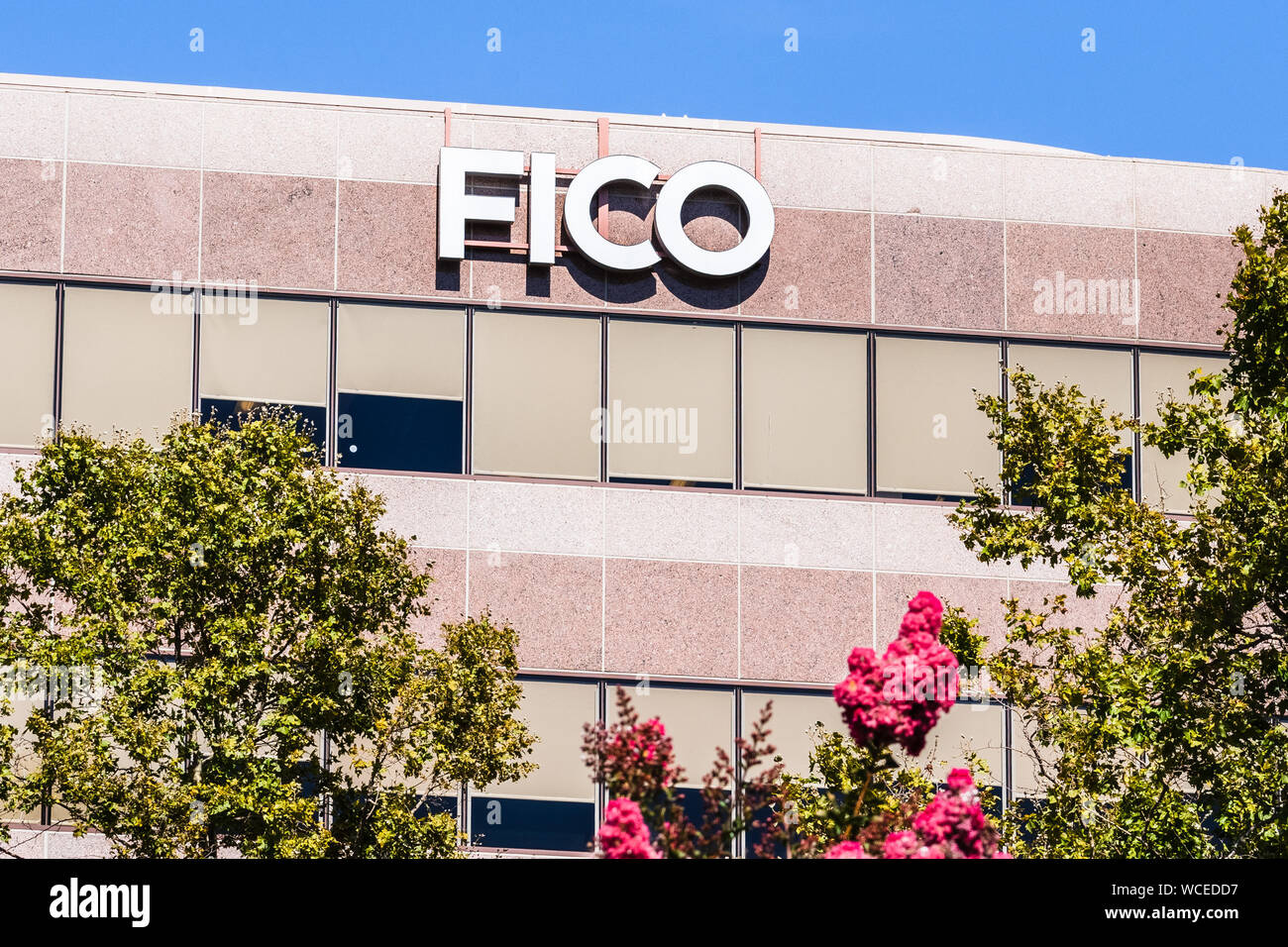 August 26, 2019 San Jose/CA/USA - FICO Hauptsitz im Silicon Valley; FICO, ursprünglich Messe, Isaac und Unternehmen, ist ein Data Analytics Unternehmen Fokus Stockfoto