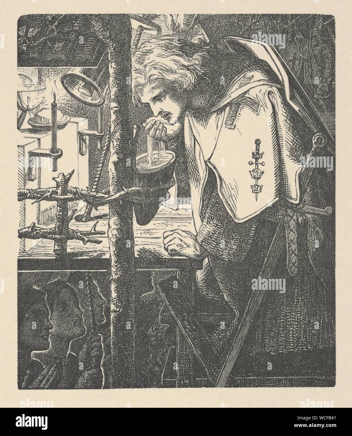Sir Galahad (von Tennysons Gedichten, New York, 1903). Artist: Nach Dante Gabriel Rossetti (Briten, London 1828-1882 Birchington-on-Sea). Abmessungen: Bild: 3 11/16 x 3 1/16-in. (9,4 × 7,8 cm) Blatt: 8 9/16 x 6 5/16 in. (21,7 x 16 cm). Engraver: William James Linton (Briten, London 1812-1897 New Haven, Connecticut). Datum: 1857-1903. Rossetti von 1857 Abbildungen von Tennyson - hier im Jahre 1903 neu aufgelegt - verblüffende Effekte aus dem Mittelalter und der frühen Renaissance Kunst Raum kollabiert abgeleitet, Formen abgeschnitten sind, und narrativen Angaben sind ohne Sorge für die konventionelle Sicht eingefügt. S Stockfoto
