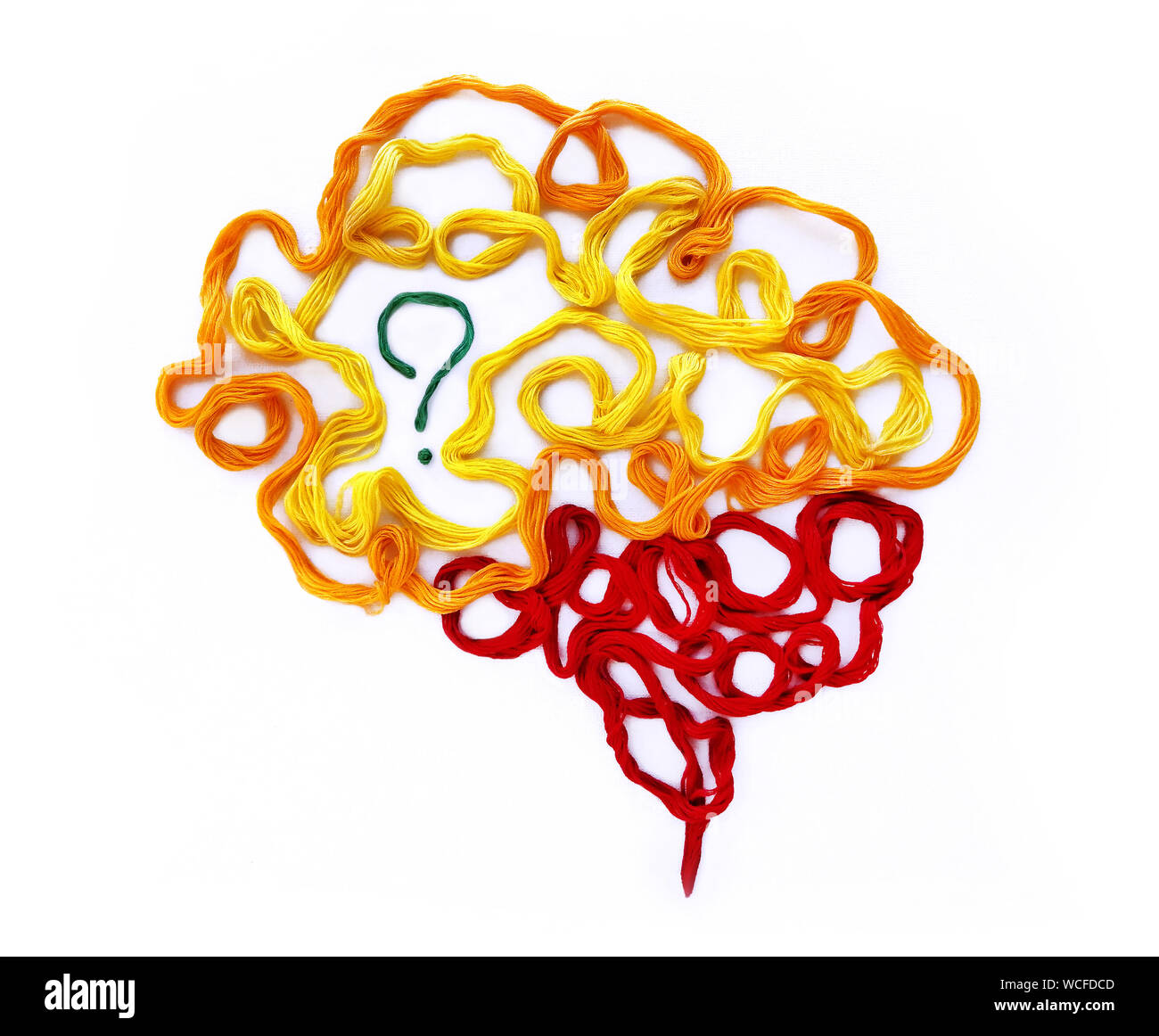 Prinzipdarstellung über Denken, Lernen, Form des Gehirns von farbigen Fäden für Stickerei, Frage oder Idee. Stockfoto