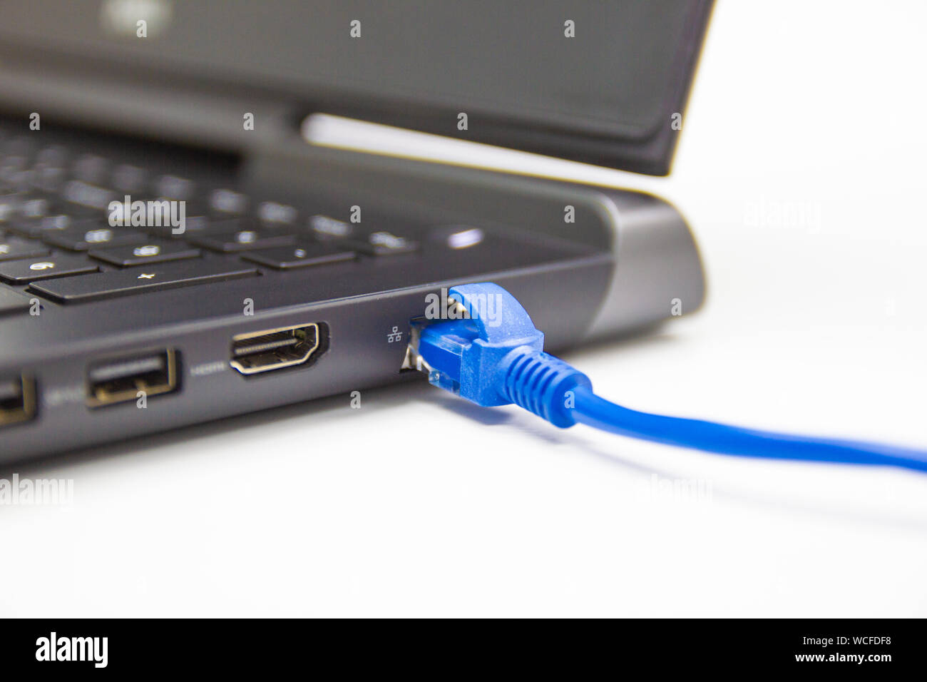 Closeup blaues Kabel Netzwerk Verbindung zu einem LAN-Port des Laptops auf  weißer Tisch, Konzept - Computer Internet und Netzwerke Stockfotografie -  Alamy