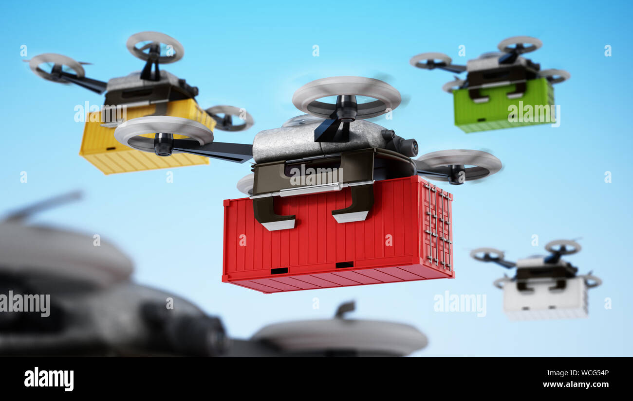 Unbemannte Drohnen, die Frachtcontainer. 3D-Darstellung. Stockfoto