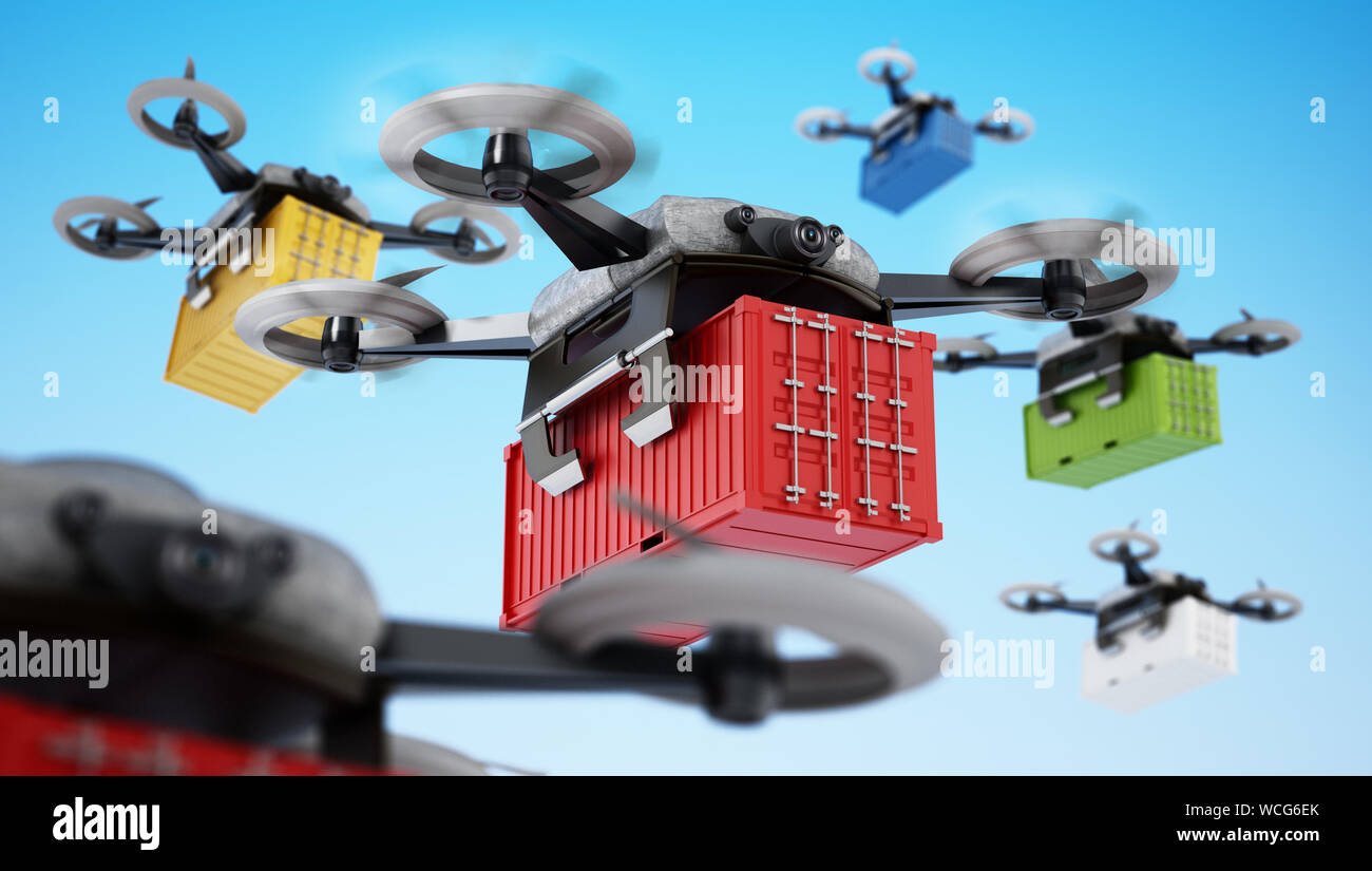 Unbemannte Drohnen, die Frachtcontainer. 3D-Darstellung. Stockfoto