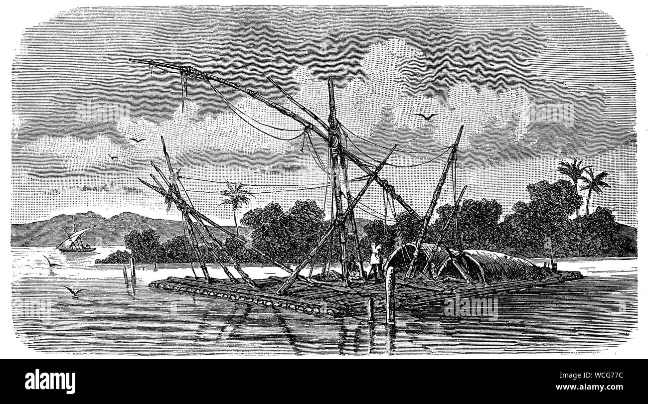 Philippinische floss als Fischerboot in der Antike mit Drop Netze. Sie treiben zu lassen und auf dem Wasser zu bewegen, wurden aber nicht für die Verwendung einer großen Entfernung geeignet Stockfoto