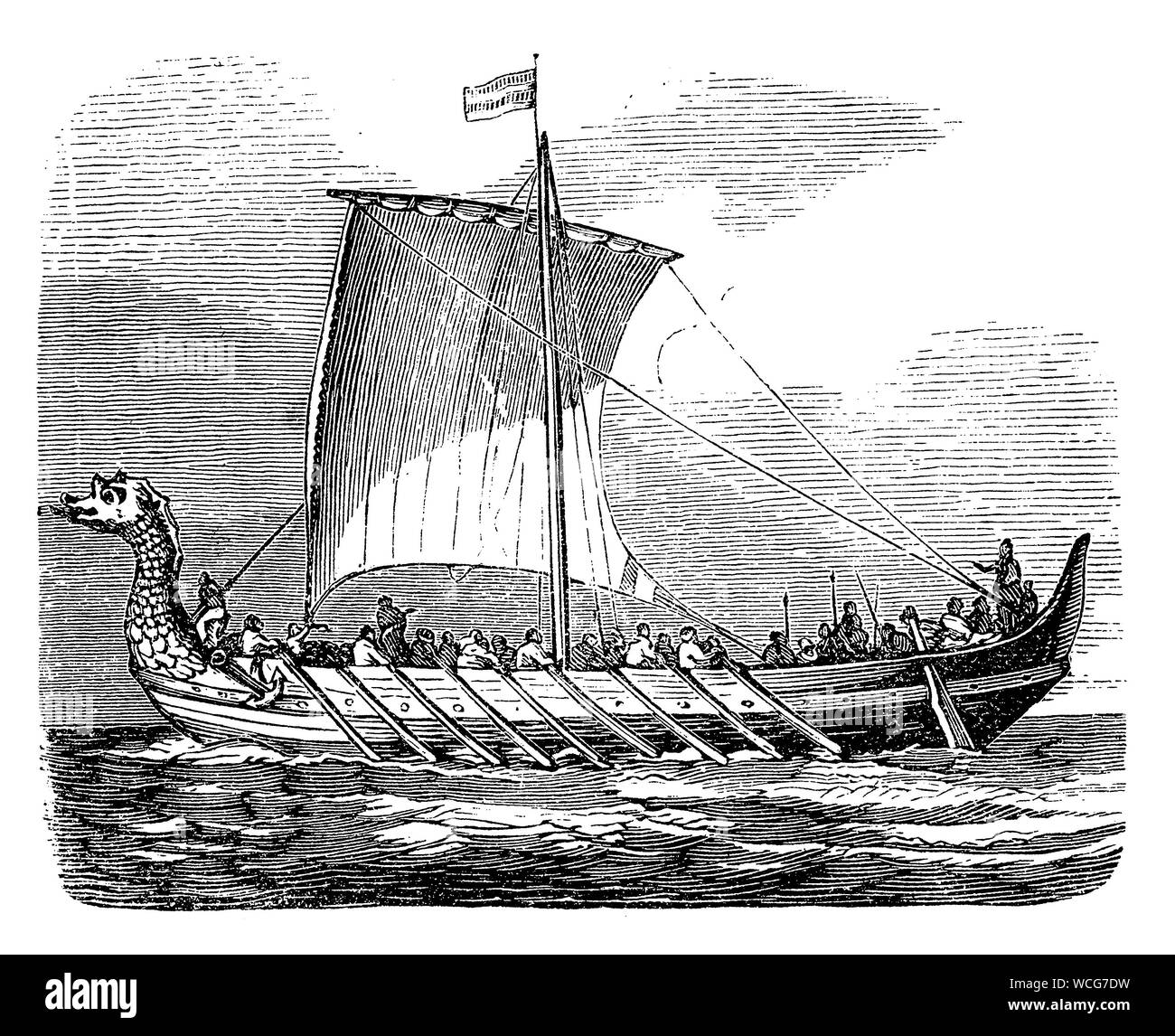 Norman Schiff des 10. Jahrhundert lang und schlank mit spitzen Enden und eine geschnitzte Monster Kopf am Bug Stockfoto