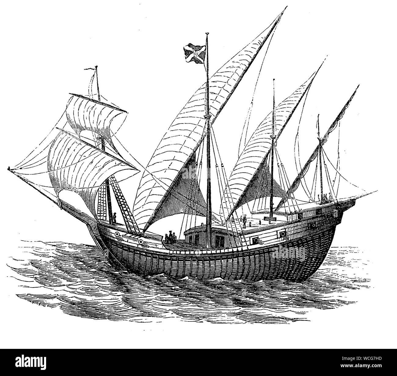 Portugiesische Schiff des 15. Jahrhunderts namens Carrack: drei- oder vier-Mast ocean-going Segelschiff für trans-atlantischen Handels zwischen Europa, Afrika und Amerika Stockfoto