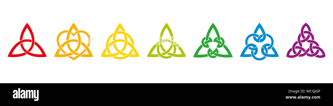 Sieben Regenbogenfarben keltisches Dreieck Knoten. Endlose Korb-webart Knoten, für deren Anpassung für den Einsatz in der Ornamentik, Dekoration oder Tätowierungen bekannt. Stockfoto