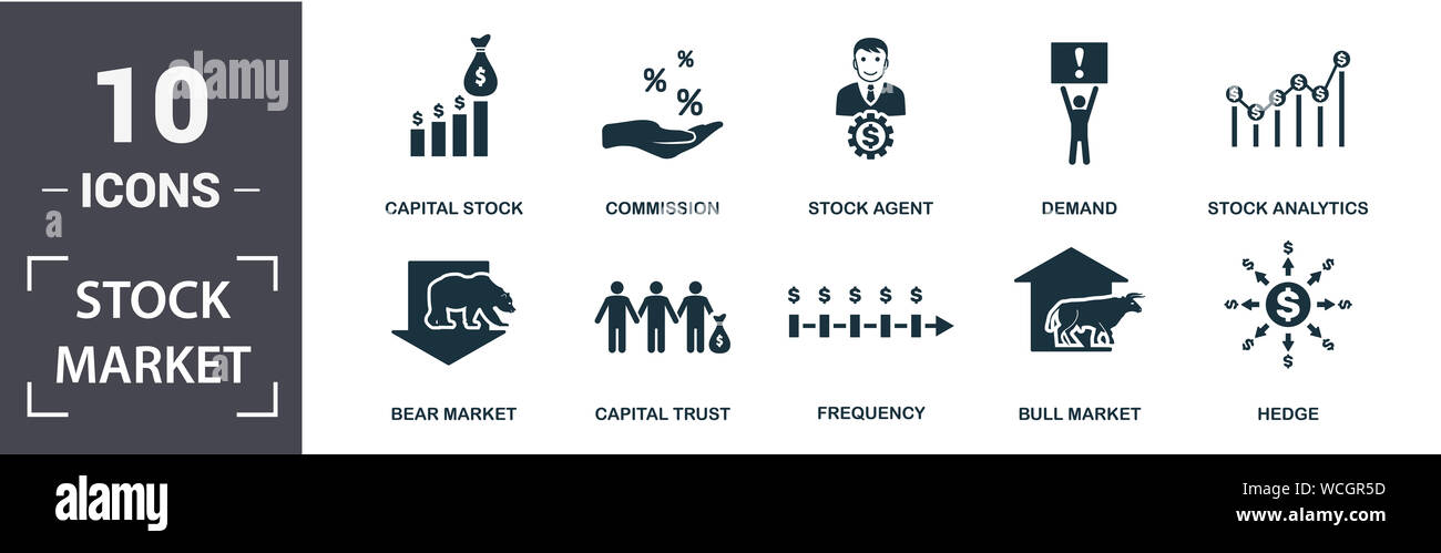 Börse Symbol gesetzt. Enthalten flachbild Baissemarkt gefüllt, Hausse, Analytics, Agent, Grundkapital, Capital Trust, Nachfrage, Frequenz Stockfoto