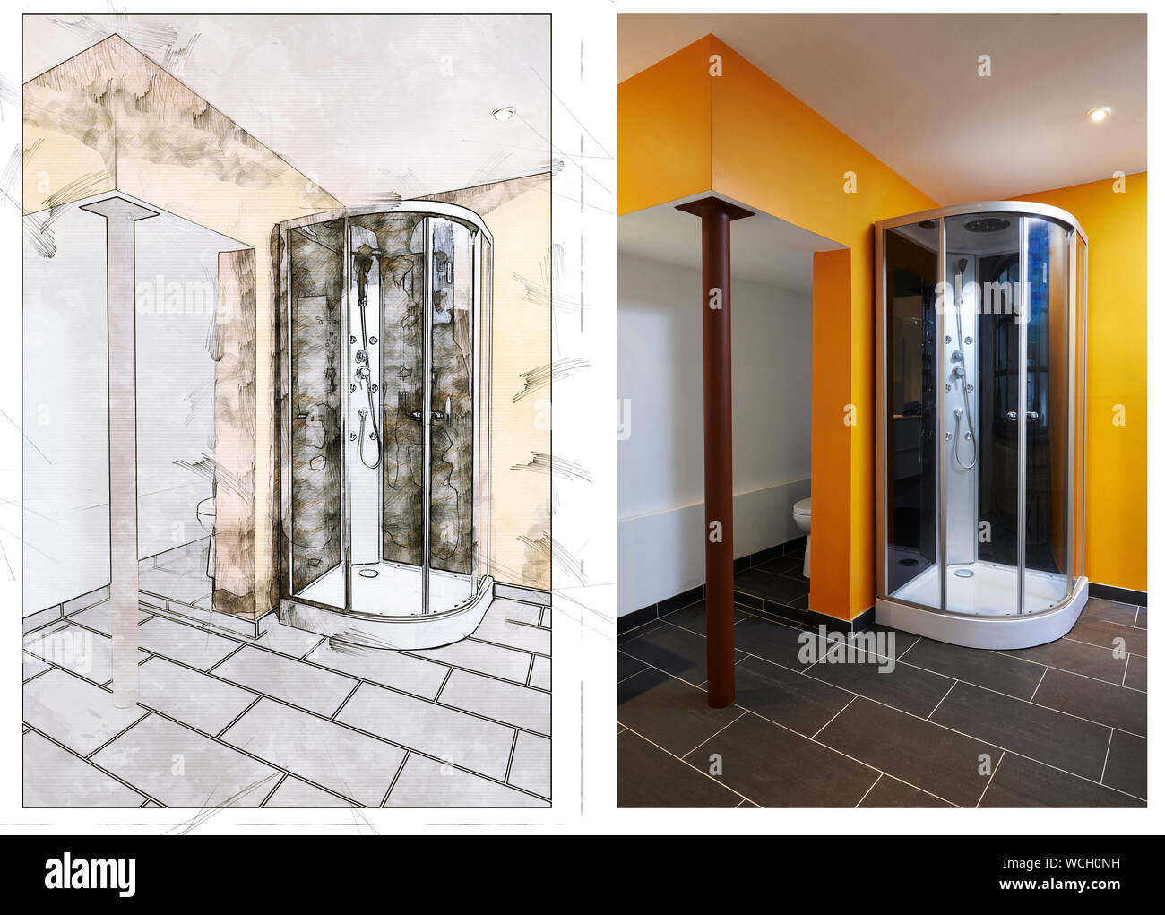 Abbildung: Skizze und Ergebnis von einem modernen Badezimmer mit Dusche Stockfoto