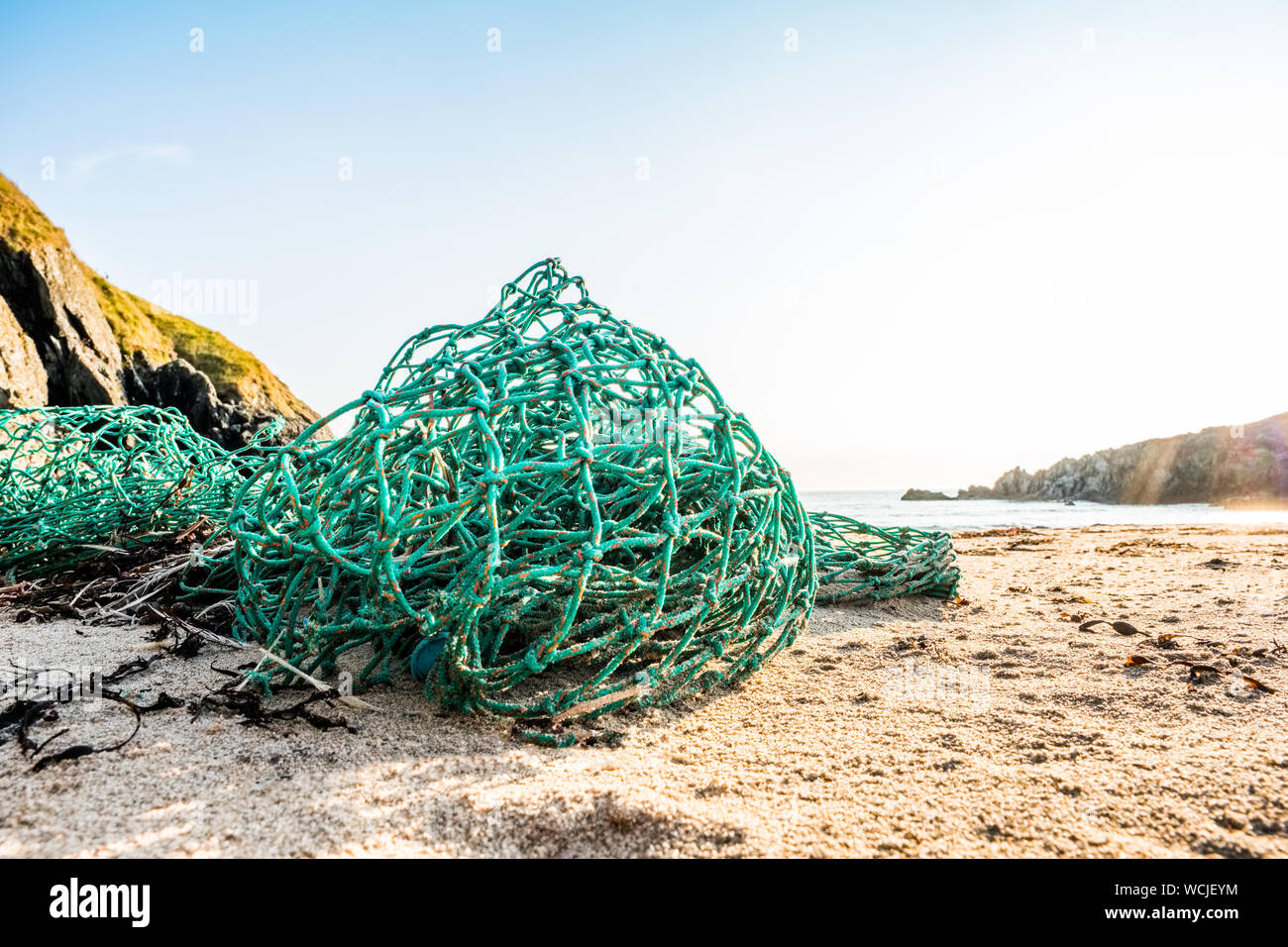 Kunststoffabfälle (fischernetz) die Wasserverschmutzung an einem Strand in Wales, Großbritannien Stockfoto