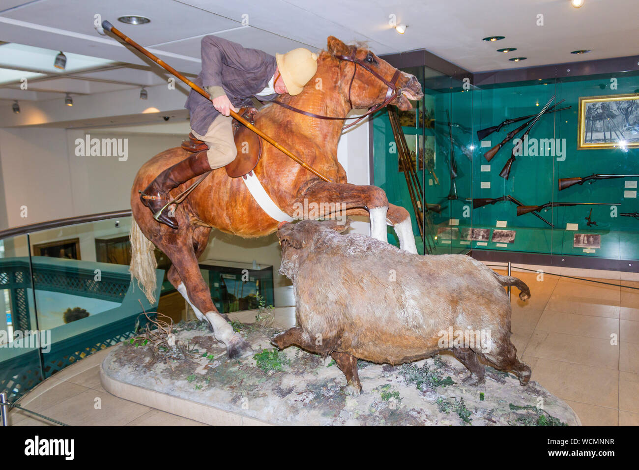 Das Royal Armouries Museum, Leeds, West Yorkshire, England. Ausstellung in der Galerie der Jagd ein Jäger spearing ein Wildschwein. Stockfoto