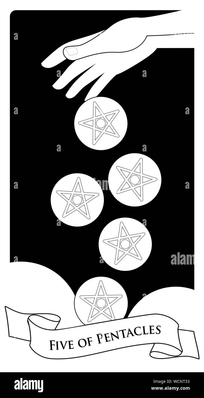 Fünf der Kelche. Tarot Karten. Hand lassen fünf goldene Kelche auf Wolken Hintergrund gehen Stock Vektor