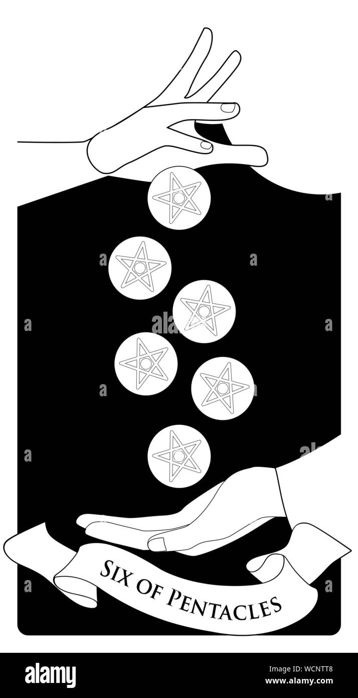 Sechs der Kelche. Tarot Karten. Eine großzügige Hand geben sechs goldene Münzen zu einer anderen Hand, die sie sammelt in einer Haltung des Bittens um Almosen. Stock Vektor