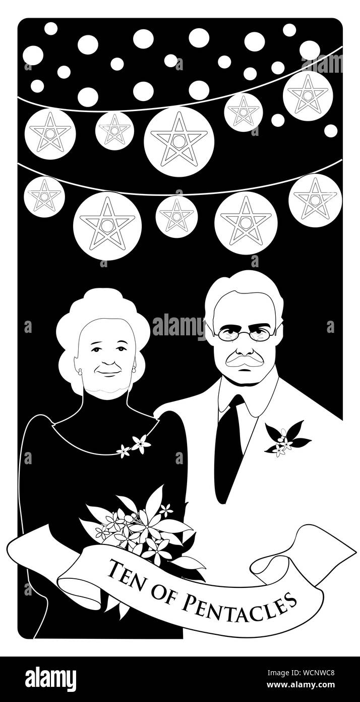 Zehn der Kelche. Tarot Karten. Elegante und gerne älteres Paar, unter hellen Lichtern und zehn goldenen Münzen Stock Vektor