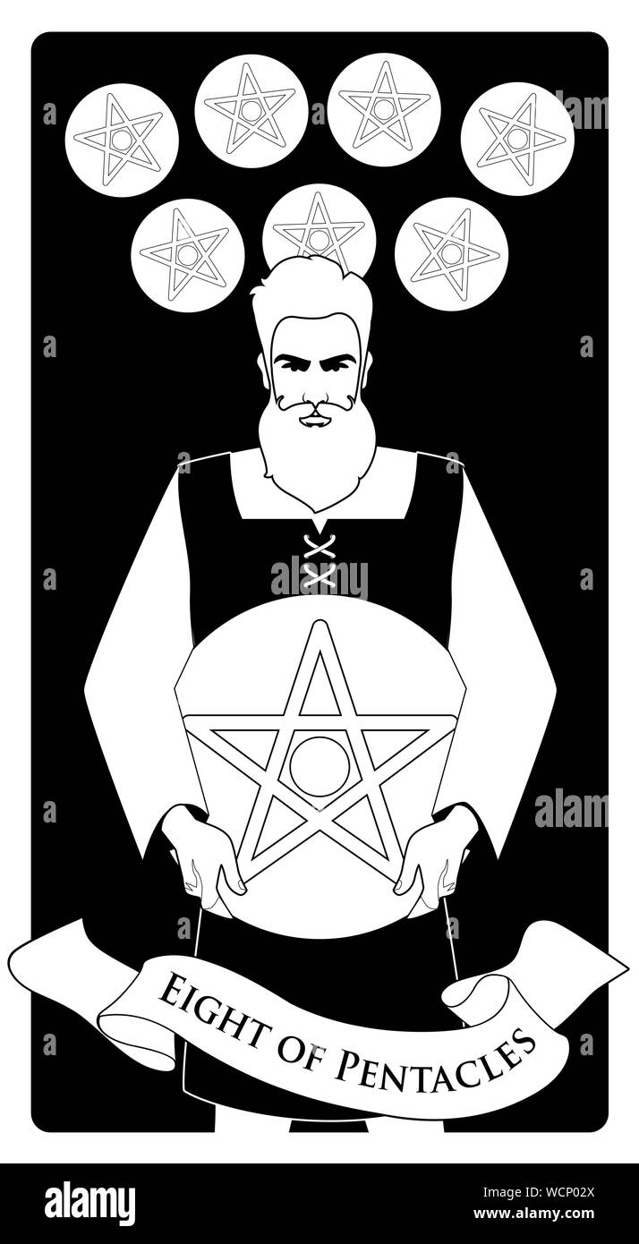 Acht der Kelche. Tarot Karten. Handwerker Mann mit dem Ergebnis seiner Arbeit, acht Frisch liniert goldenen Münzen Stock Vektor