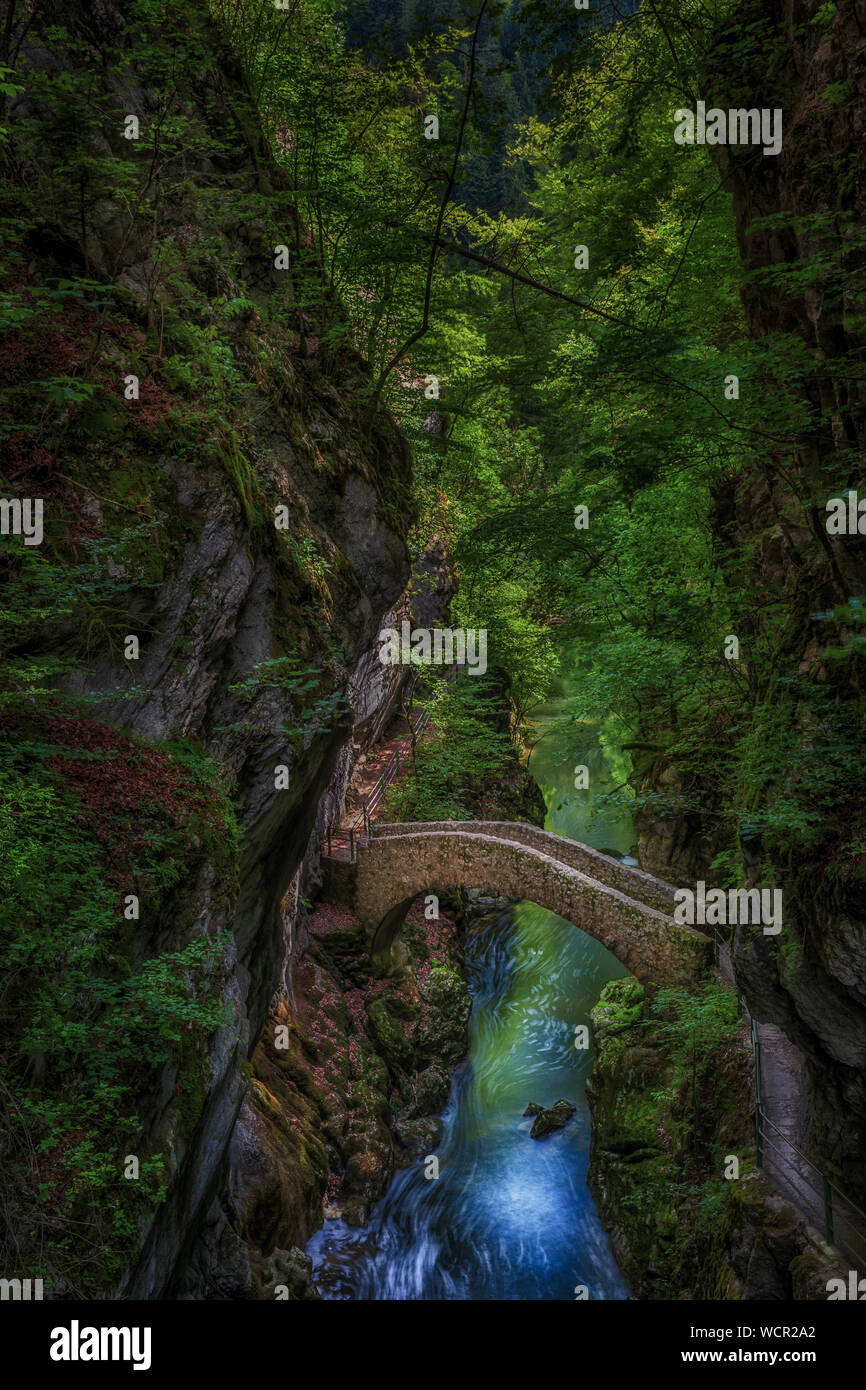 Die alte steinerne Brücke in der Nähe von Saut de Brot, Menzingen, Neuchâtel, Schweiz Stockfoto