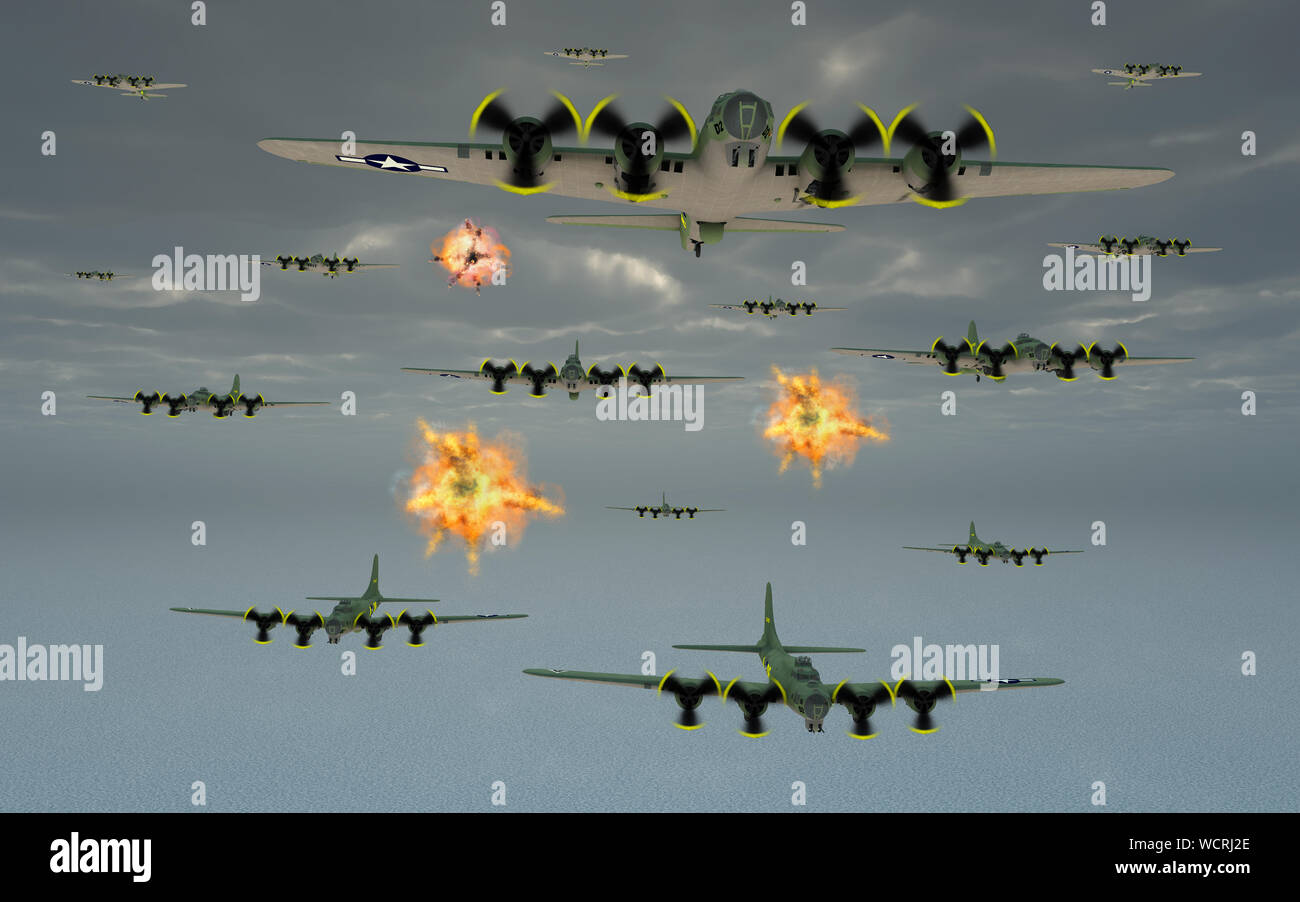 B17 Bomber Fliegen durch Flak Stockfoto