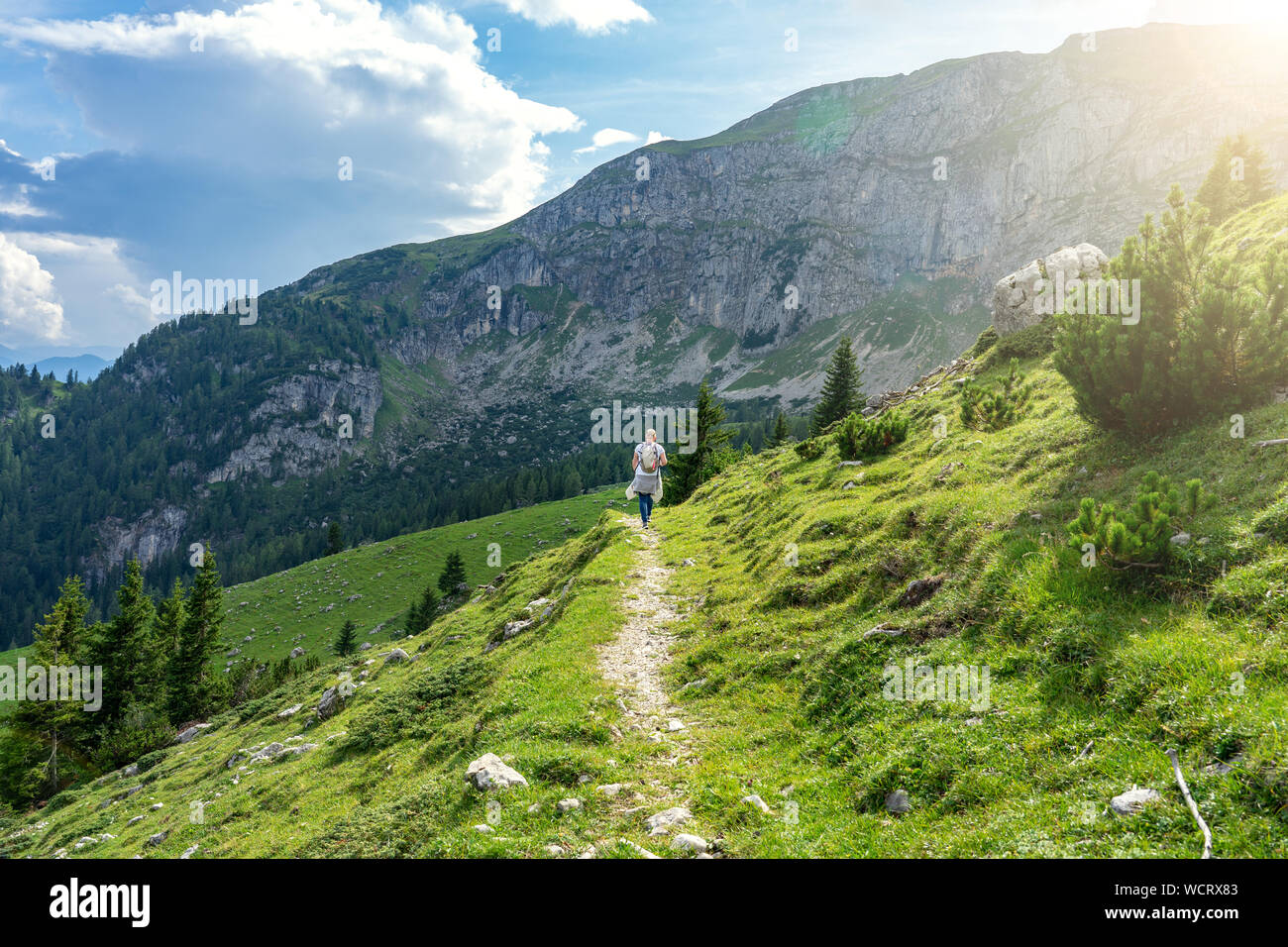 Touristische Frau wandern in den Tiroler Alpen auf einem Wanderweg von Zurück im Sommer Stockfoto