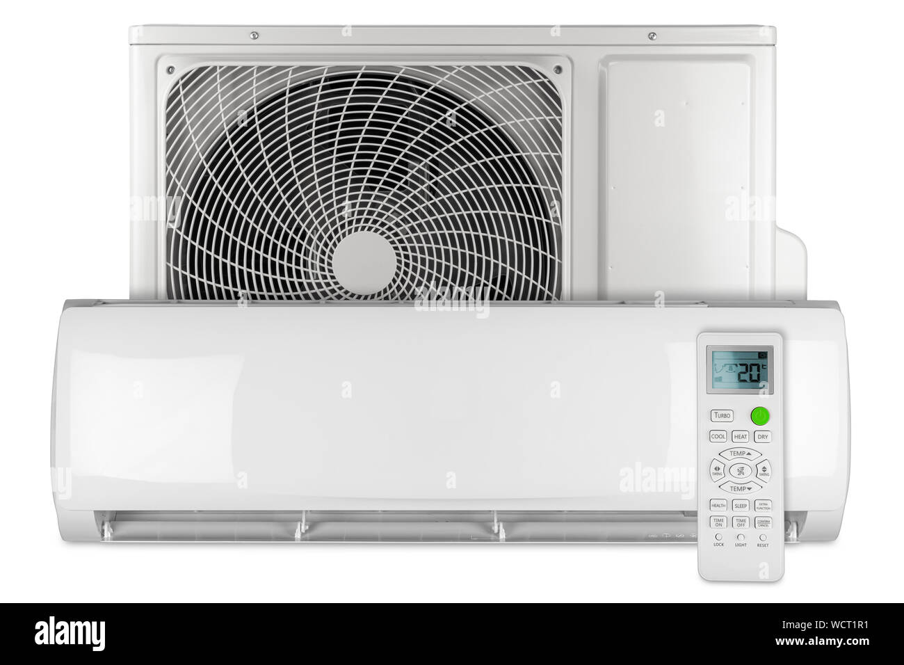 Satz von Klimaanlage ac inverter Wärmepumpe mini Split System mit Indoor Outdoor Unit und Fernbedienung auf weißem Hintergrund Stockfoto