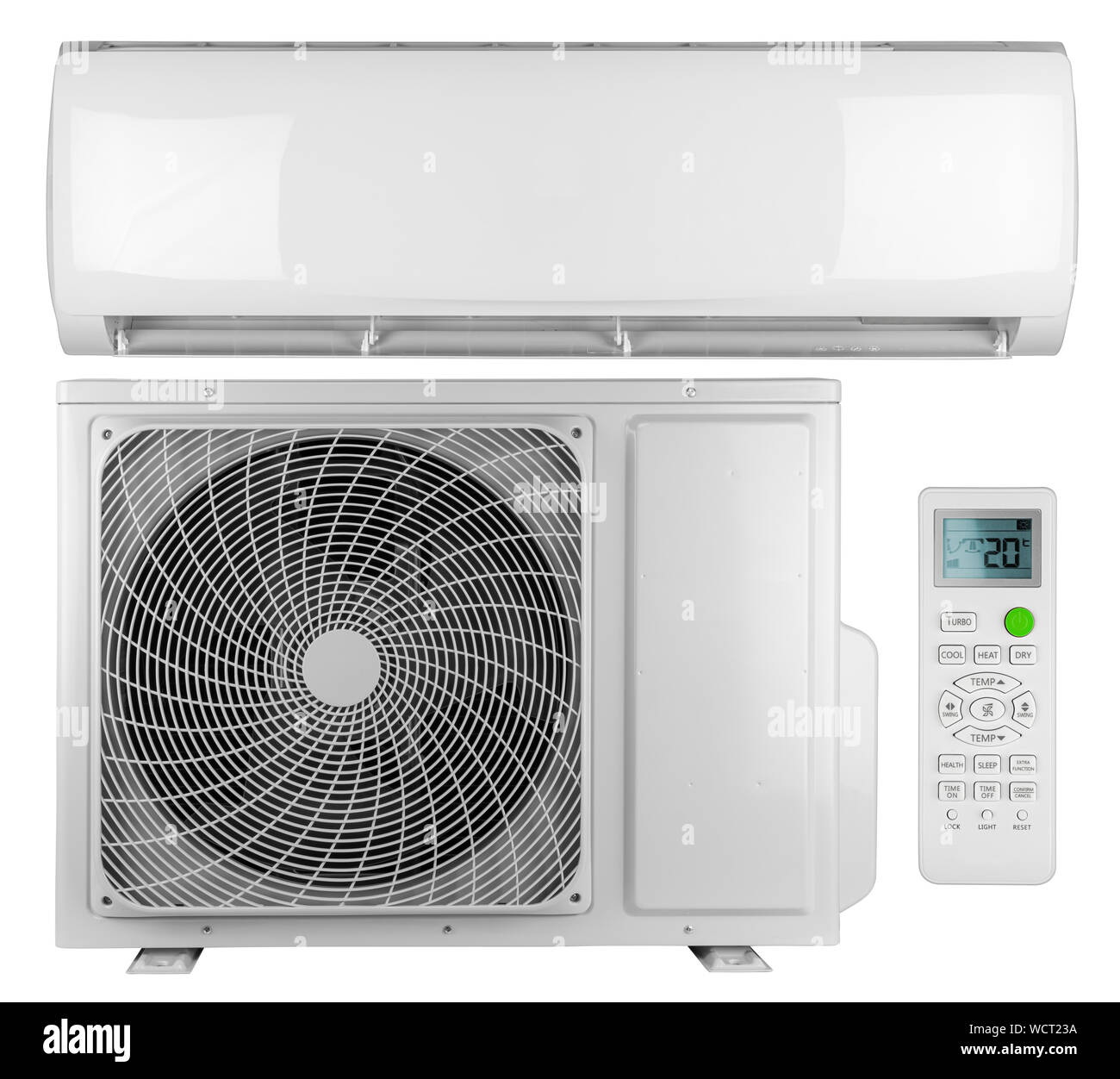 Set Sammlung von Klimaanlage ac inverter Wärmepumpe mini Split System mit Indoor Outdoor Unit und Fernbedienung auf weißem Hintergrund Stockfoto