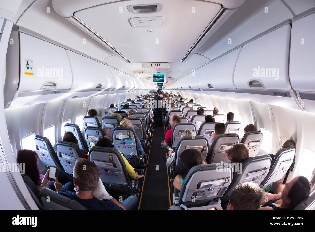 Innenansicht auf Passagier- und Kabinenpersonal Menschen auf einer Airline Flugzeug während des Fluges zu Vermietungen. Transport Tourismus Luftfahrt Konzept Stockfoto
