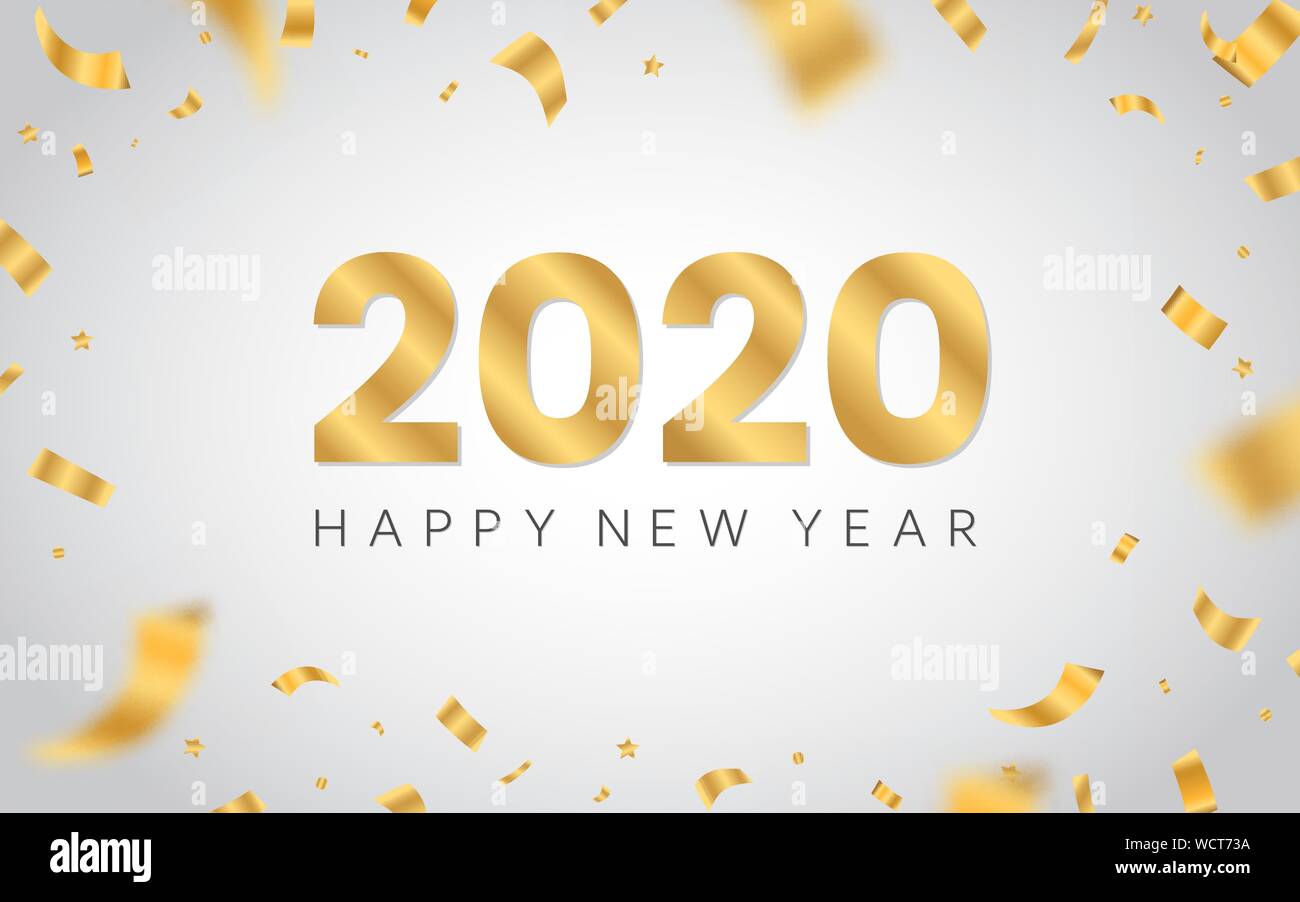 Frohes Neues Jahr 2020. Golden luxus Text auf weißem Hintergrund. Weihnachten Design mit gold Konfetti. Xmas-Konzept mit hellen defokussierten Elemente. Vektor Stock Vektor