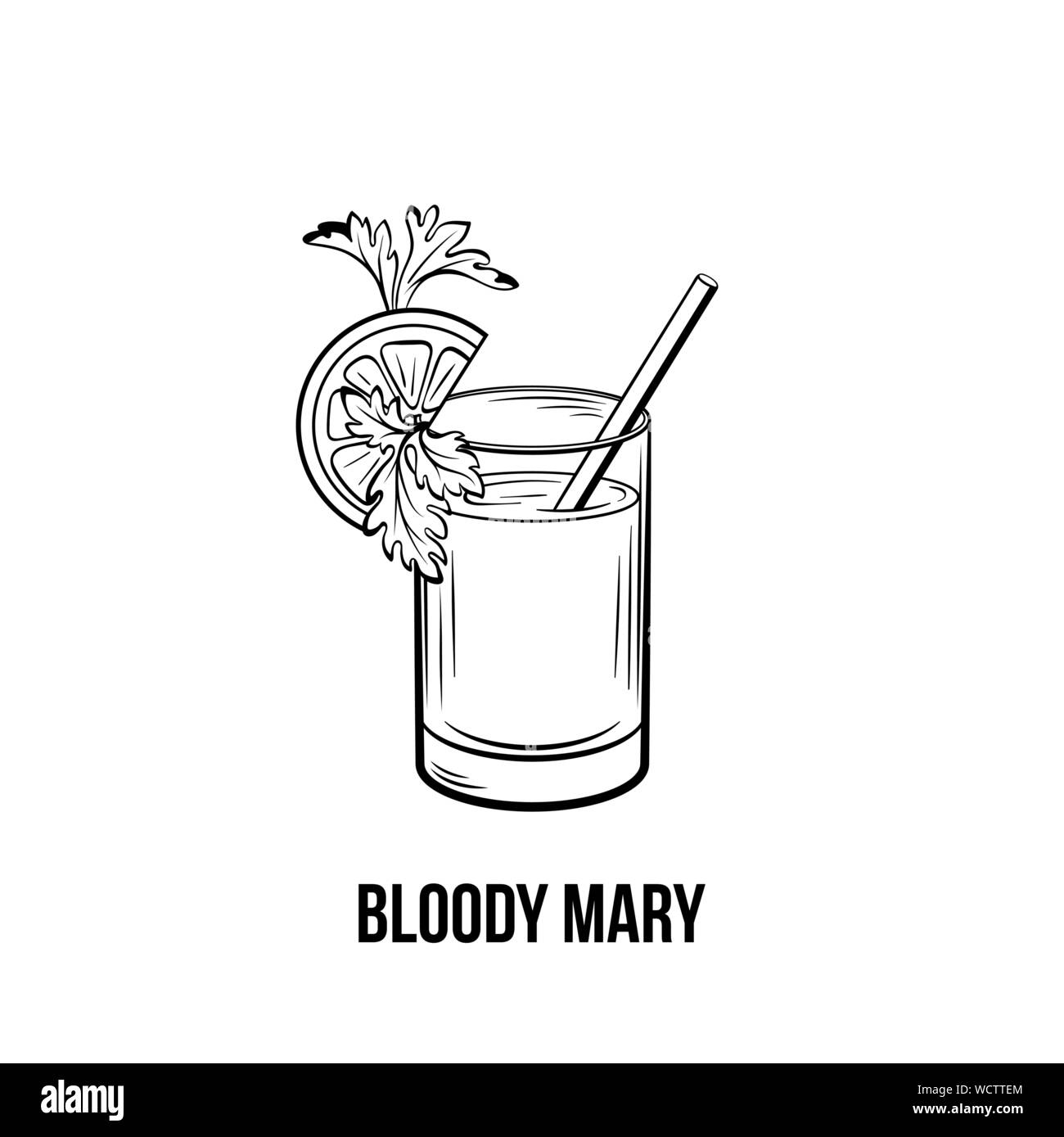 Bloody Mary Vector schwarz und weiß Abbildung. Starke Tomaten drink Shot mit Sellerie und Zitrone auf Glas. Alkoholische Getränke mit Stroh Tinte Zeichnung. Menü im Restaurant, Poster design Element Stock Vektor
