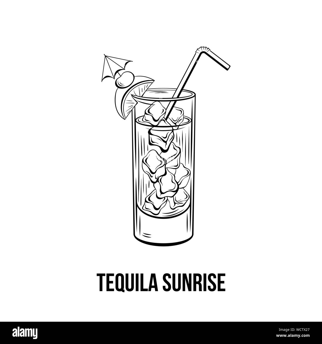 Tequila Sunrise schwarz-weiß illustration. Saftige Cocktail mit Eis, Cherry und Orange Slice auf Glas Tinte Zeichnung. Erfrischende Getränke, starkes Getränk. Menü im Restaurant, Poster design Element Stock Vektor