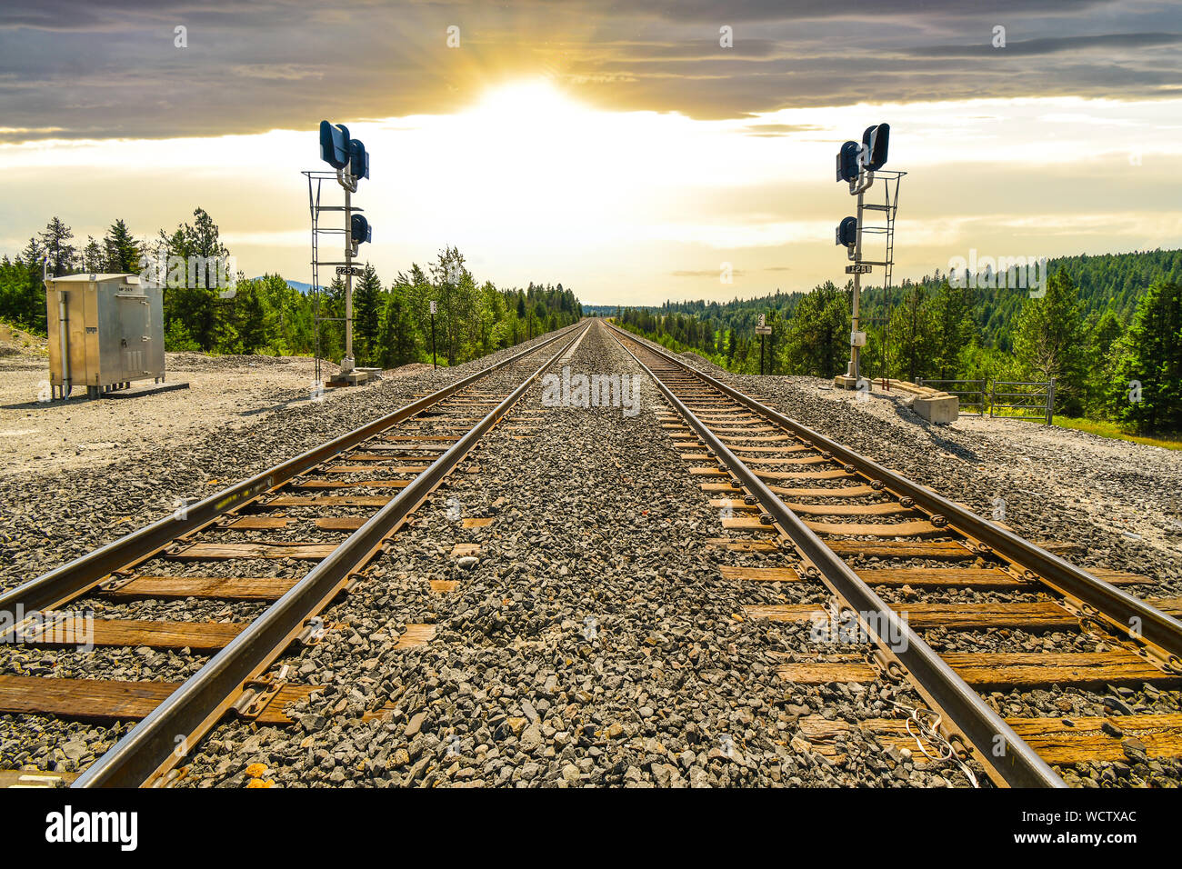 Eine lange Reihe von Eisenbahn Zug verschwinden, da die Sonne in der Ferne durch die Berge in der ländlichen Gegend von North Idaho setzt. Stockfoto Eine lange Reihe von Eisenbahn Zug verschwinden, da die Sonne in der Ferne durch die Berge in der ländlichen Gegend von North Idaho setzt. Stockfoto