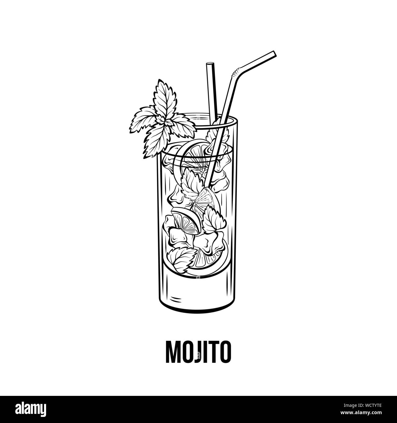 Mojito Vektor handgezeichnete Illustrationen. Fruchtige Getränk, starkes Getränk. Monochrome erfrischenden alkoholfreien Cocktail mit Limetten, Minze und Eis Tinte Zeichnung. Menü im Restaurant, Poster design Element Stock Vektor