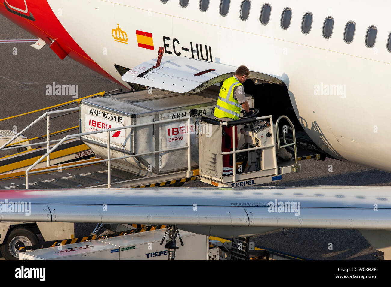Der internationale Flughafen Düsseldorf, DUS, Iberia Flugzeug entladen werden, Kofferraum, Container, Stockfoto
