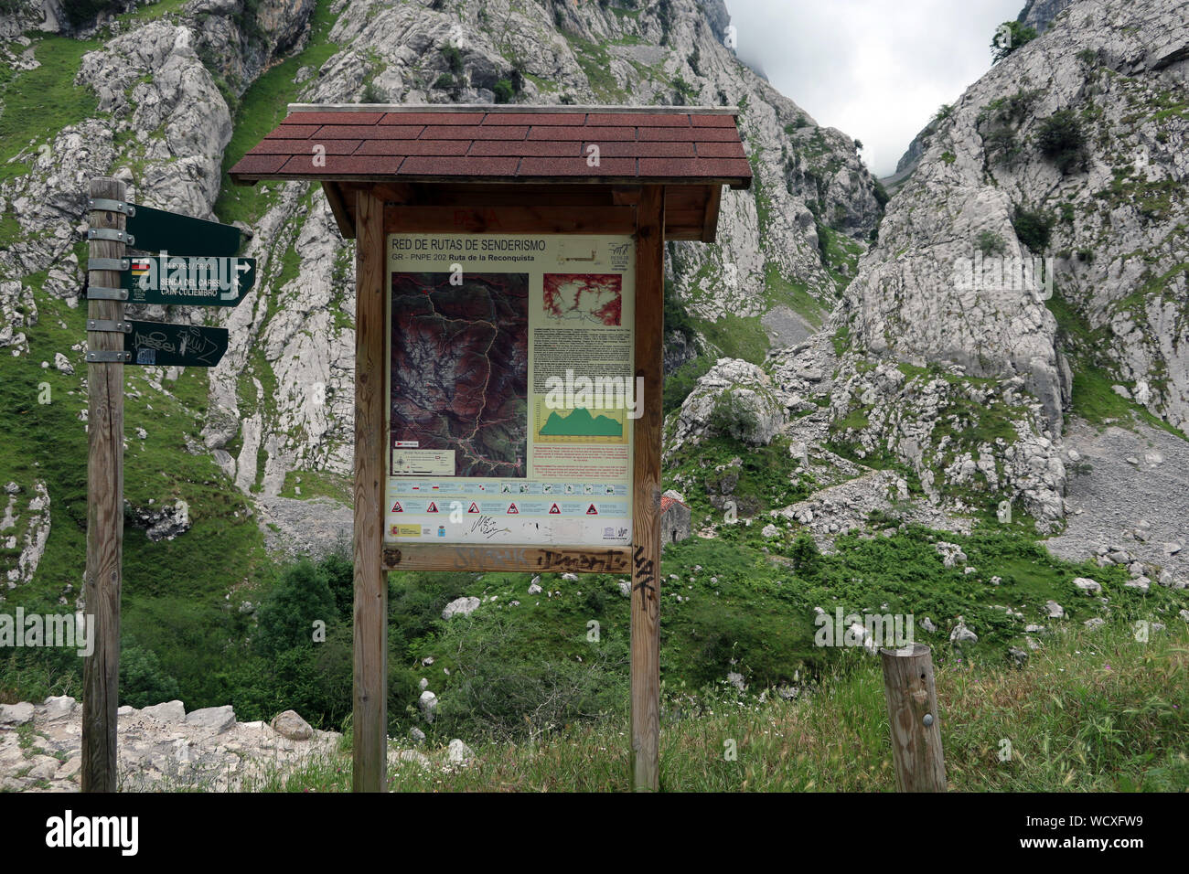Wandern Route Map, Poncebos, Picos de Europa, Spanien Stockfoto