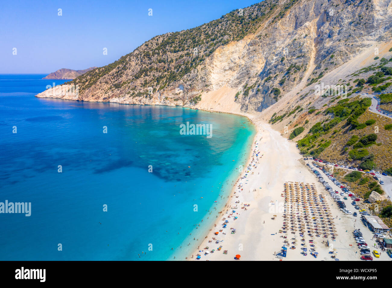 Berühmte Myrtos Beach in Kefalonia, Griechenland. Stockfoto