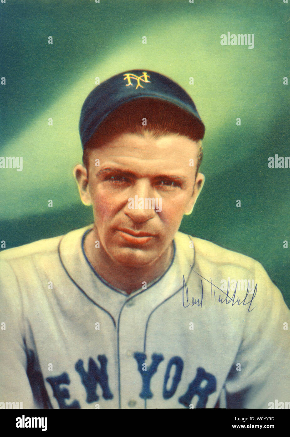 Farbe Foto von Carl Hubbell, der war ein Star der Major League Baseball Spieler in den 1930er und '40er Jahren kennzeichnete. Stockfoto