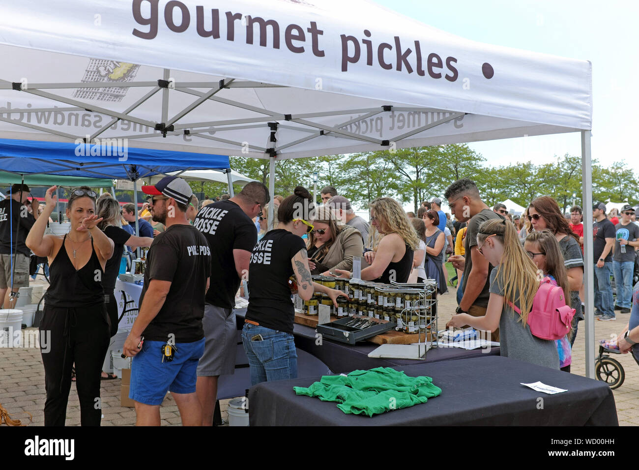 Gourmet-Pickles zum Verkauf auf einem Pop-Up-Stand während des Picklefestes 2019 im Voinovich Park von Cleveland, Ohio, USA. Stockfoto