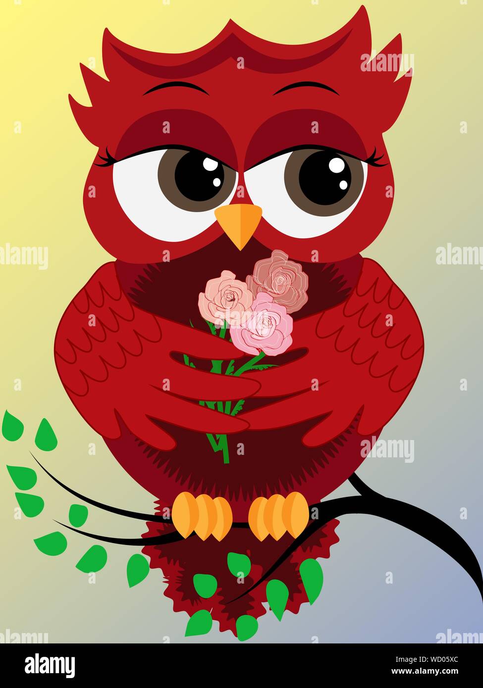 Nett schön flirtatious rote Eule auf einem Ast mit Drei Rosen in den  Flügeln Stock-Vektorgrafik - Alamy