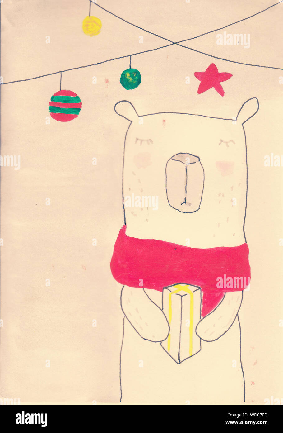 Weiße Eisbär mit rotem Schal Holding ein Geschenk von Hand gemalt gezeichnet Geschenk Weihnachten Post Card Stockfoto
