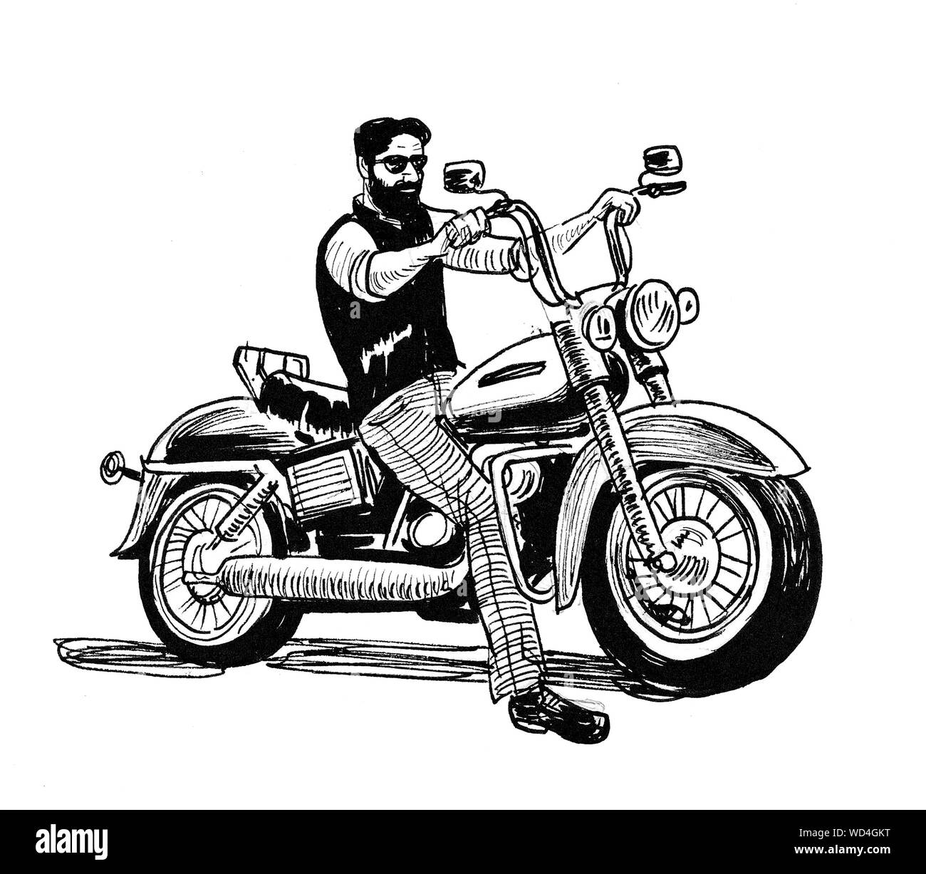 Biker reiten einen Oldtimer Motorrad. Tinte schwarz-weiss Zeichnung Stockfoto