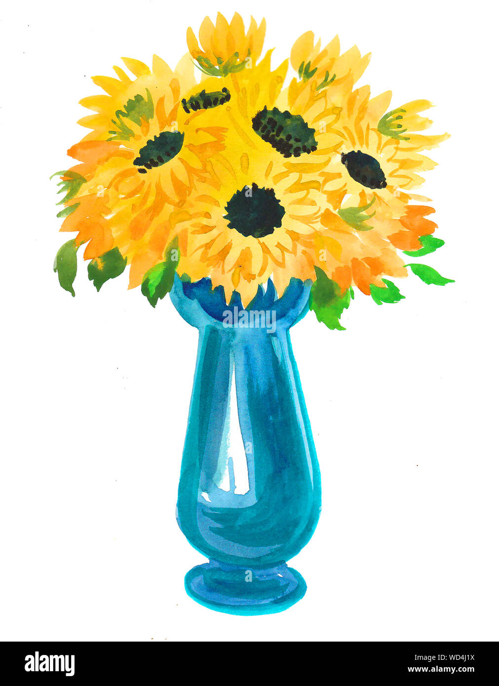 Gelbe Sonnenblumen in blauem Glas Vase. Aquarell Malerei Stockfoto