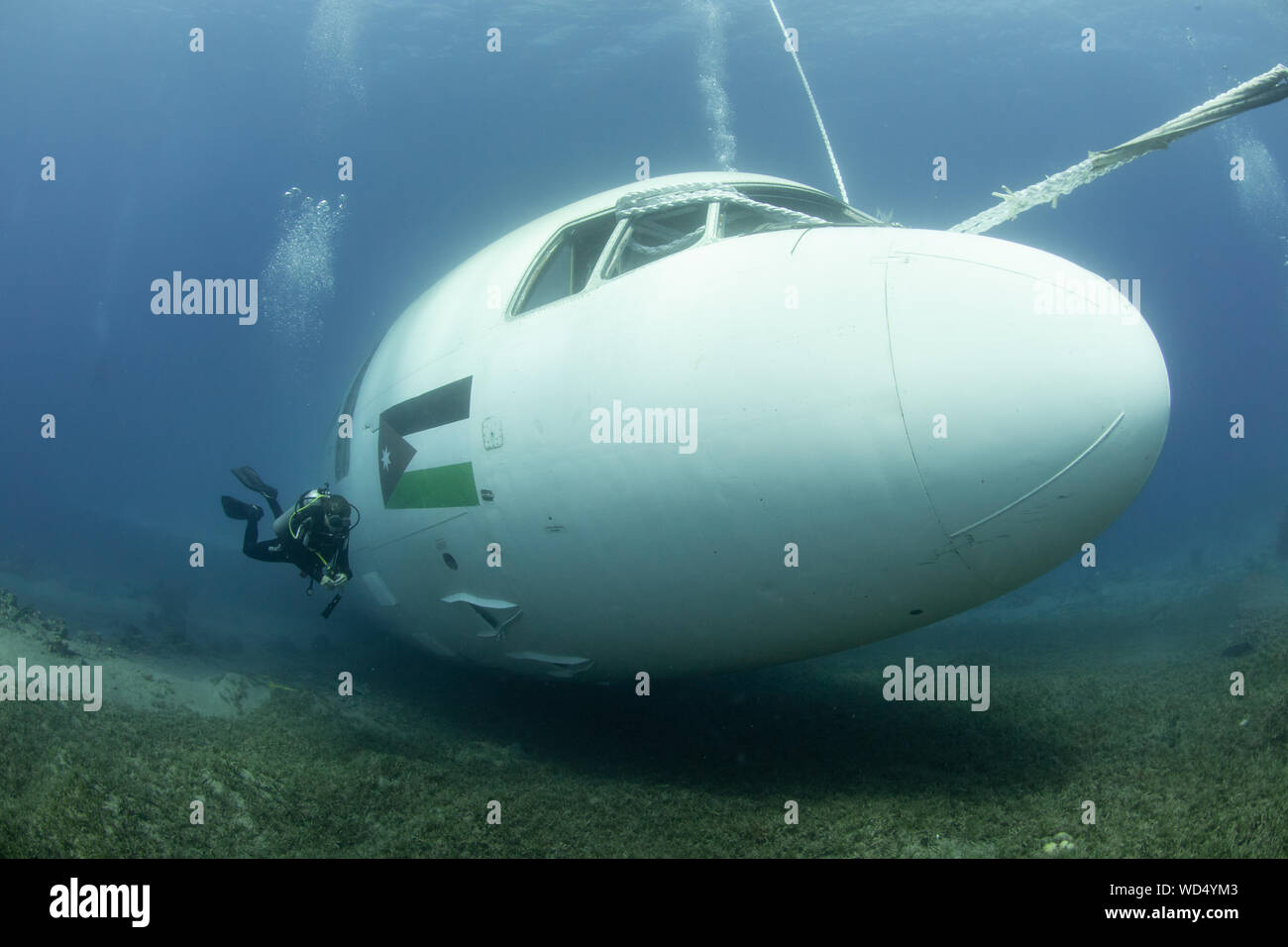 Aqaba, Jordanien. 28 Aug, 2019. Nach 2 Tag der Ruhe auf dem Meeresboden der Die Lockheed L-1011 Tristar schließlich offen ist für Taucher ist. Das Wrack wurde von der Der Aqaba Special Economic Zone Authority (ASEZE) für den Besuch von Taucher als künstliches Riff System und einen neuen Premier Tauchplatz versenkt. Dan Burton, Alamy Credit: Dan Burton Foto/Alamy leben Nachrichten Stockfoto