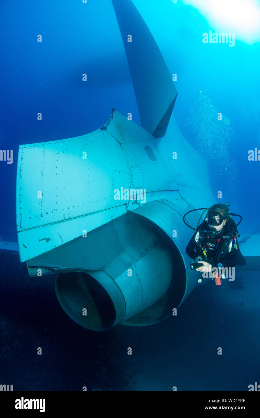 Aqaba, Jordanien. 28 Aug, 2019. Nach 2 Tag der Ruhe auf dem Meeresboden der Die Lockheed L-1011 Tristar schließlich offen ist für Taucher ist. Das Wrack wurde von der Der Aqaba Special Economic Zone Authority (ASEZE) für den Besuch von Taucher als künstliches Riff System und einen neuen Premier Tauchplatz versenkt. Dan Burton, Alamy Credit: Dan Burton Foto/Alamy leben Nachrichten Stockfoto