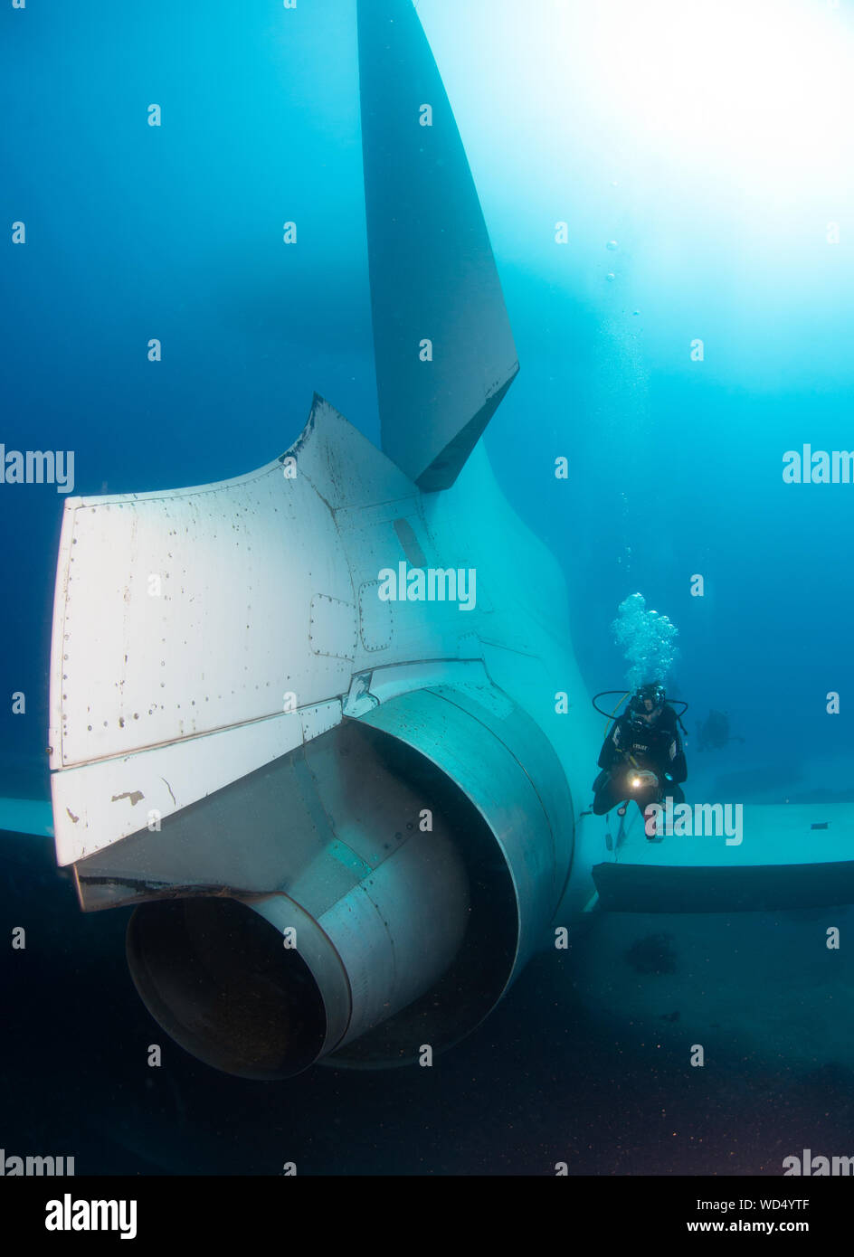 Aqaba, Jordanien. 28 Aug, 2019. Nach 2 Tag der Ruhe auf dem Meeresboden der Die Lockheed L-1011 Tristar schließlich offen ist für Taucher ist. Das Wrack wurde von der Der Aqaba Special Economic Zone Authority (ASEZE) für den Besuch von Taucher als künstliches Riff System und einen neuen Premier Tauchplatz versenkt. Dan Burton, Alamy Credit: Dan Burton Foto/Alamy leben Nachrichten Stockfoto