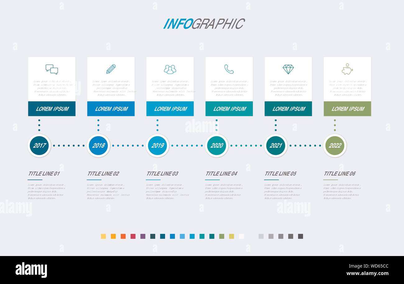 Infografik Vorlage. 6 Optionen rechteckiges Design mit schönen Farben. Vektor timeline Elemente für Präsentationen. Stock Vektor